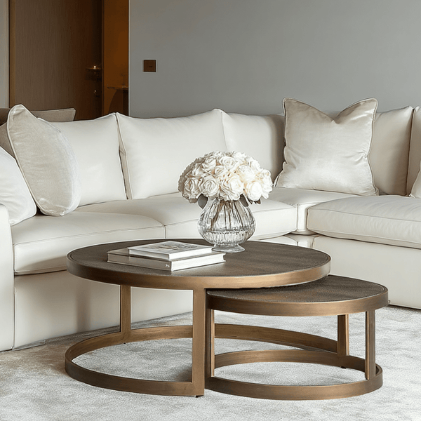 Demilla Luxury Shagreen & Brushed Brass Nest of Coffee Tables Furniture 