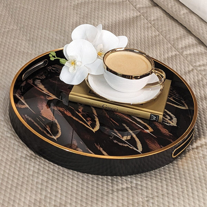 Doppio Black, Gold & Rust Feather Effect Round Decorative Tray Accessories 