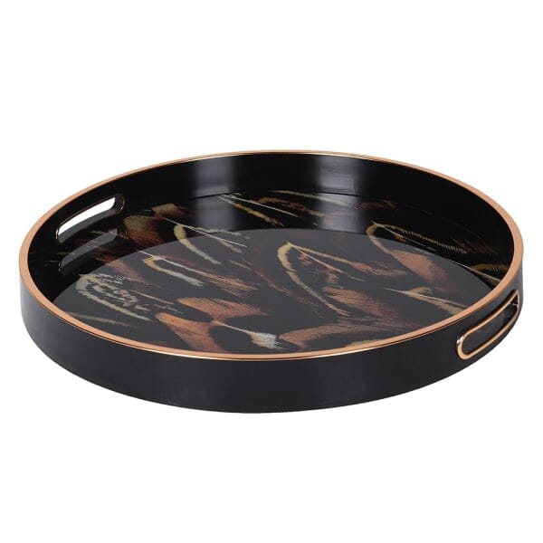 Doppio Black, Gold & Rust Feather Effect Round Decorative Tray Accessories 