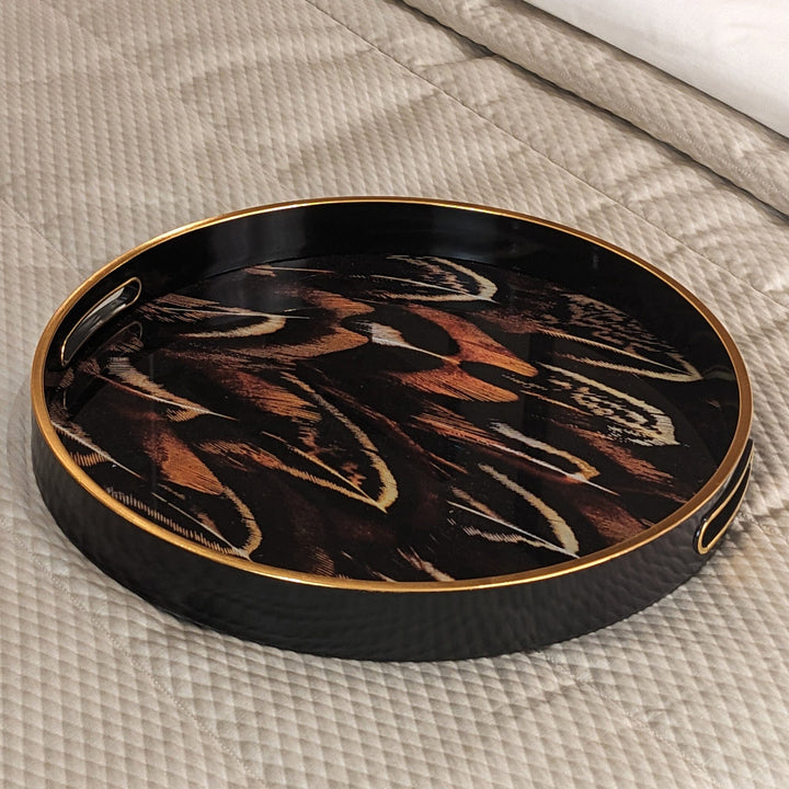 Doppio Black, Gold & Rust Feather Effect Round Decorative Tray Accessories 