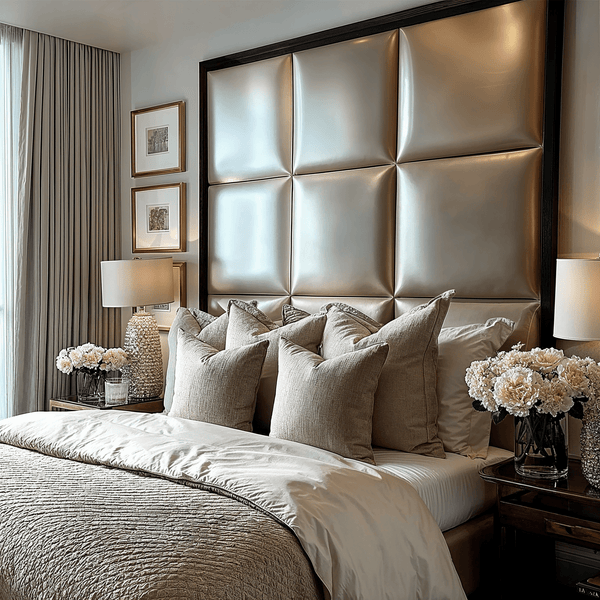 Dream Luxury Gold Satin Squares Headboard with Black Wooden Frame 