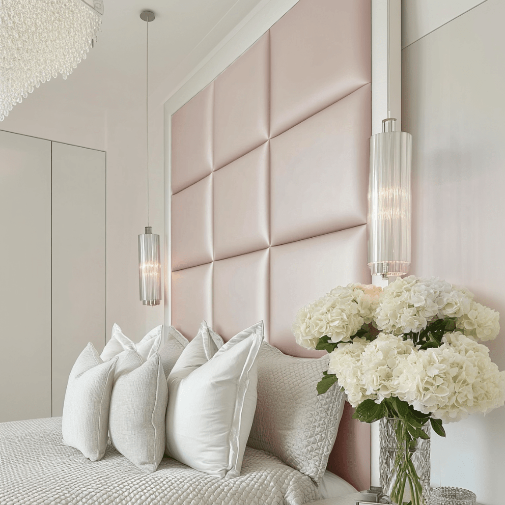 Dream Luxury Pink Satin Squares Headboard with White Wooden Frame 