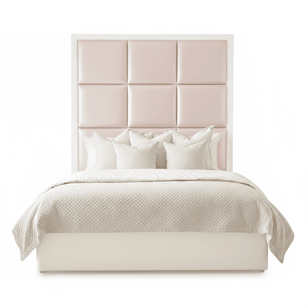 Dream Luxury Pink Satin Squares Headboard with White Wooden Frame 