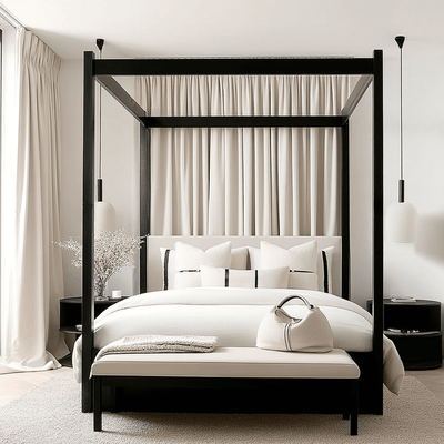 Eden Black 4 Poster Wooden Bed with Cream Velvet Headboard Beds and Headboards 