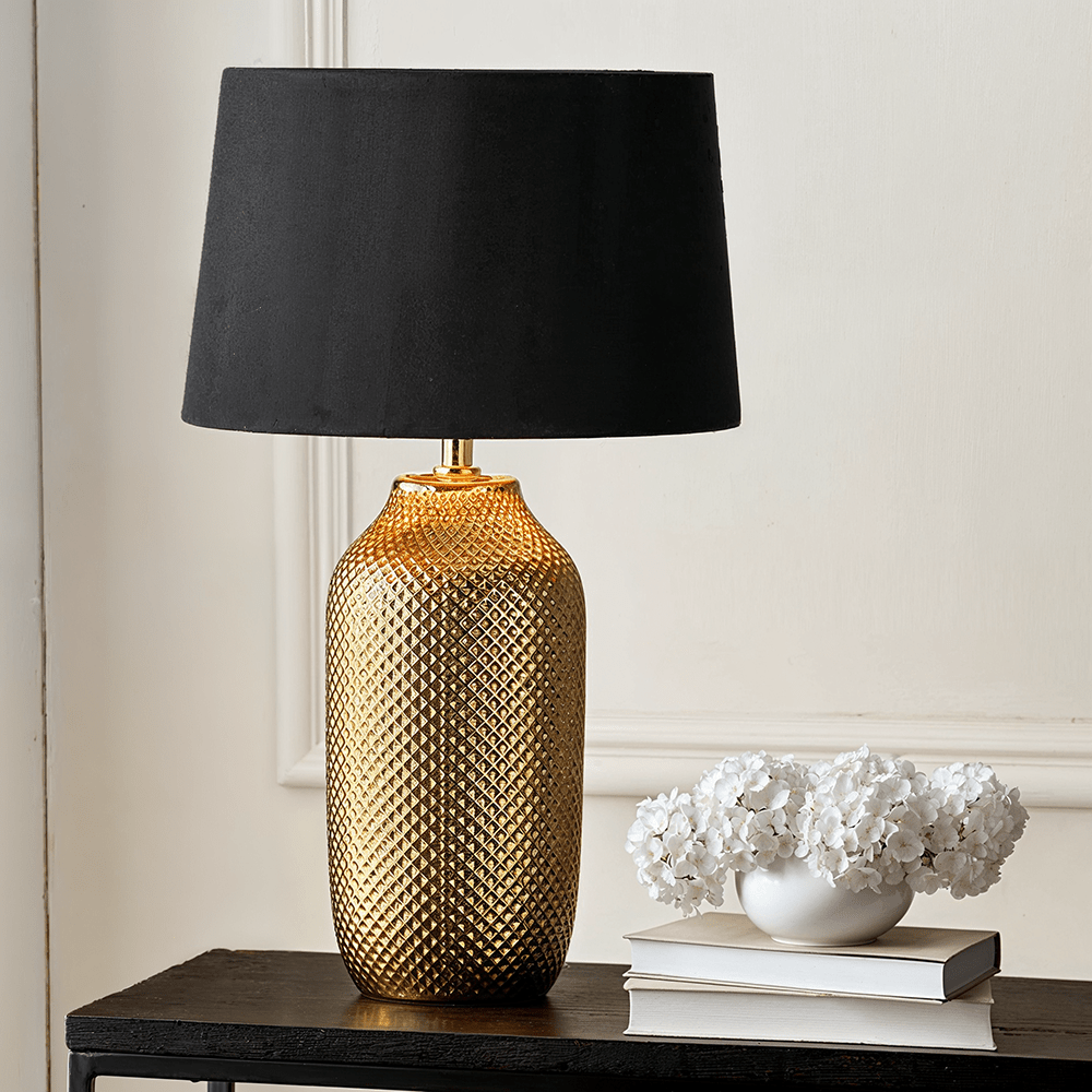 Eden Gold Textured Ceramic Table Lamp with Black Shade – Rowen Homes