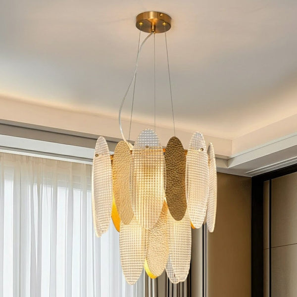 Elaia Luxury Tiered Textured Glass & Brass Chandelier Lighting 