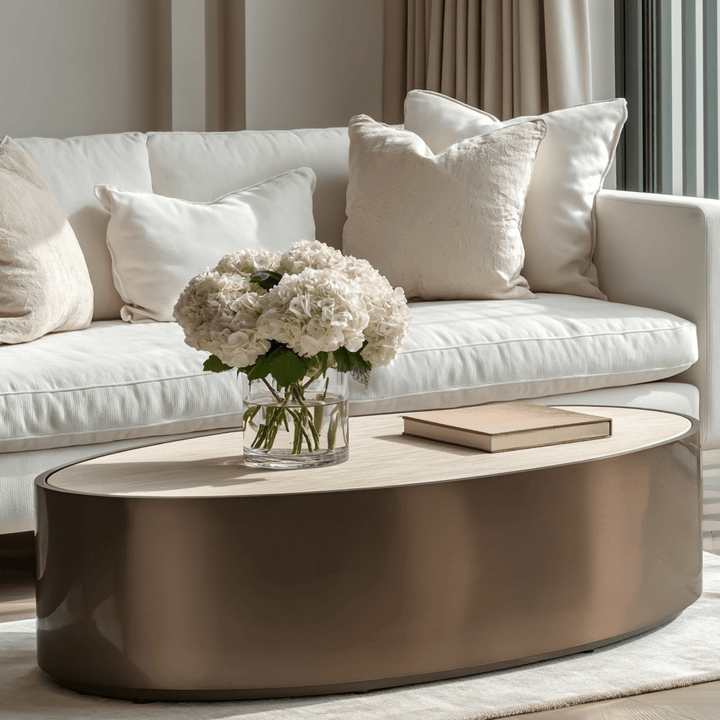 Eleanor Bronze Oval Coffee Table with Beige Faux Marble Top Furniture 