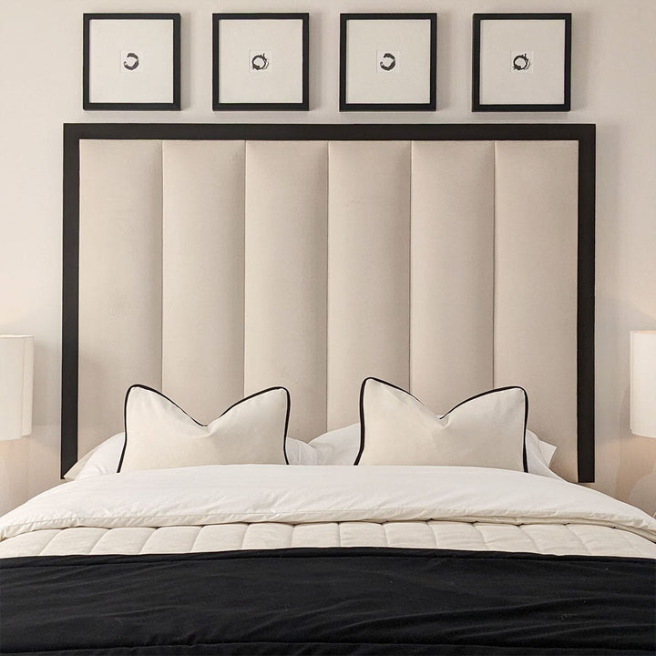 Eleanor Premium Cream Velvet Channelled Headboard with Black Wooden Frame MTO Beds and Headboards 