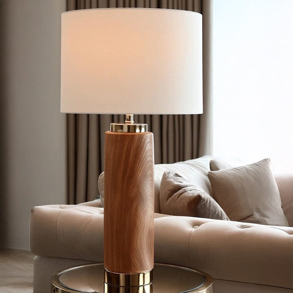Ella Wood Effect Tall Ceramic Table Lamp with White Shade Lighting 