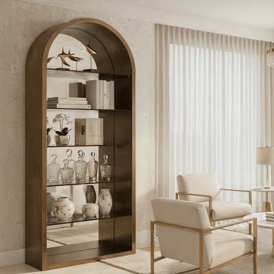 Ellie Brushed Gold Mirrored Arched Shelving Unit Furniture 
