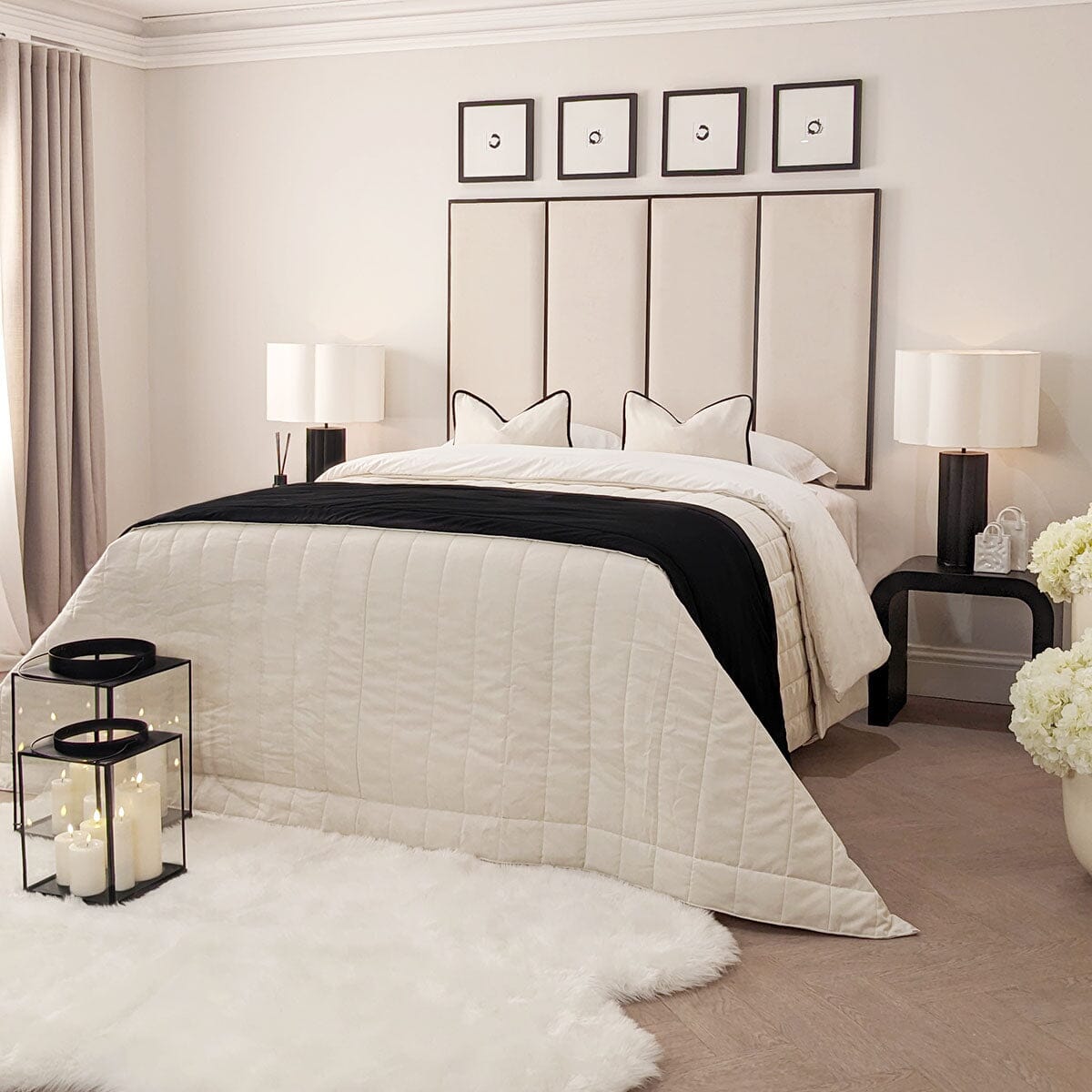 Elodie Premium Cream Velvet Headboard with Black Wooden Inlay Beds and Headboards 