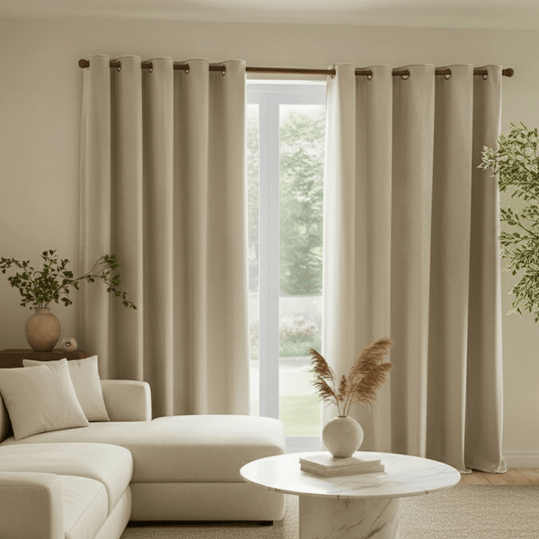 Elowise Beige Heavy Chenille Eyelet Curtain Pair 