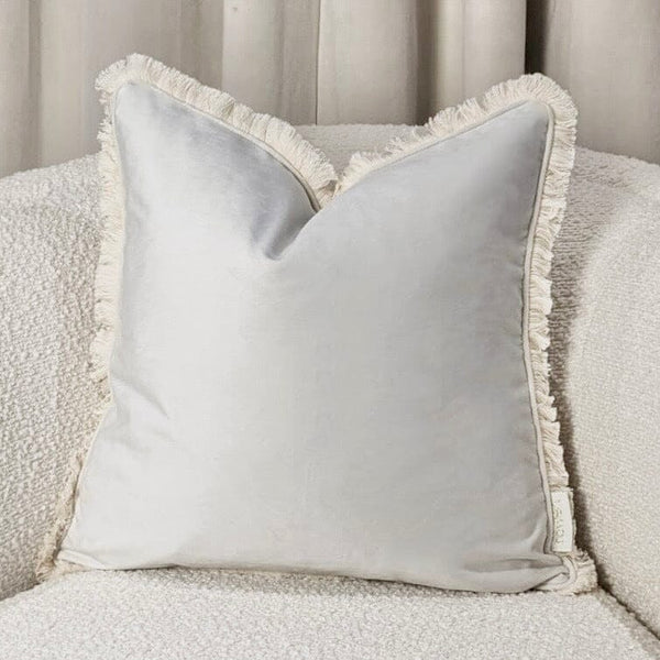 Elsa Grey Cushion with Cream Fringed Detail - 45 x 45cm Textiles 