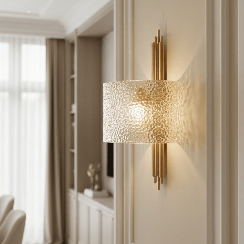 Elsinore Brushed Brass Wall Light with Textured Glass Lighting 