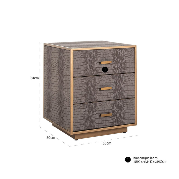 Elyra Taupe Croc Print Leather Bedside Table with Gold Handles Furniture 