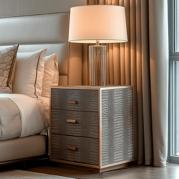 Elyra Taupe Croc Print Leather Bedside Table with Gold Handles Furniture 