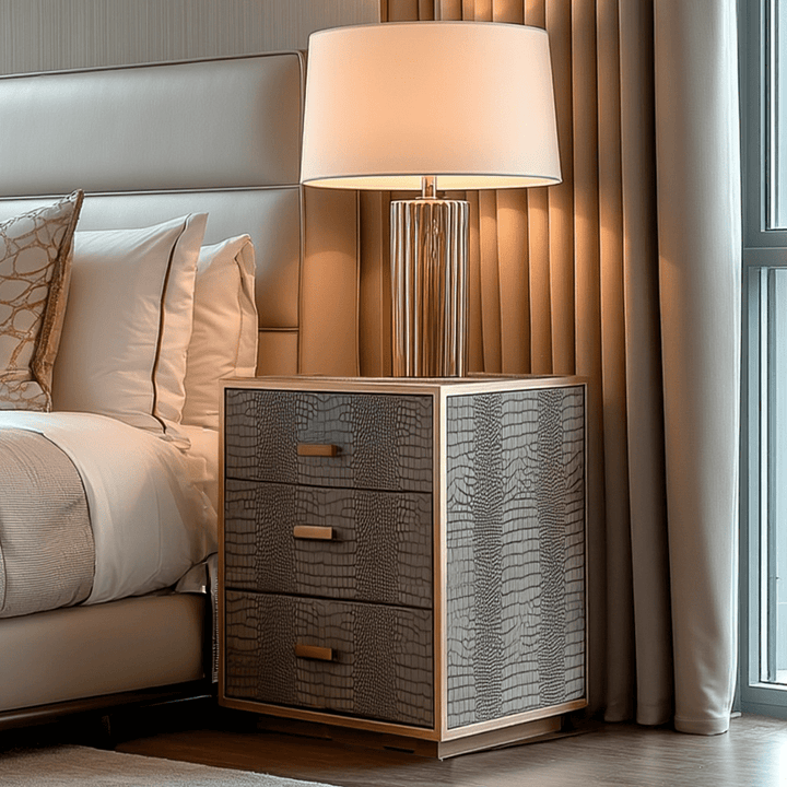 Elyra Taupe Croc Print Leather Bedside Table with Gold Handles Furniture 