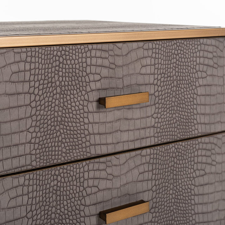 Elyra Taupe Croc Print Leather Bedside Table with Gold Handles Furniture 