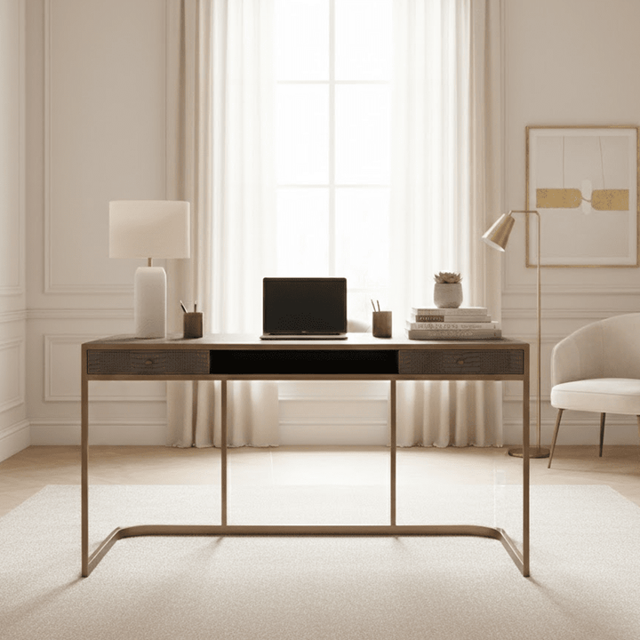 Elyra Taupe Croc Print Leather Desk/Dressing Table with Gold Handles Furniture 