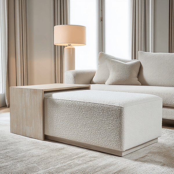 Emska Cream Boucle Footstool with Light Oak Table Furniture 