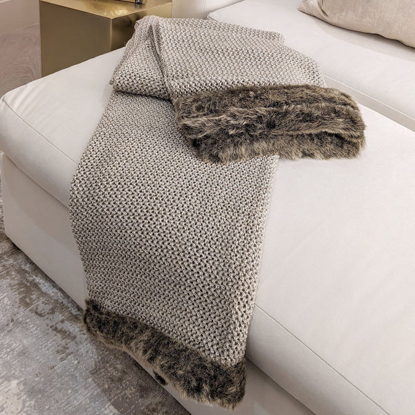 Enaya Taupe Knit Throw with Brown Faux Fur Trim Textiles 