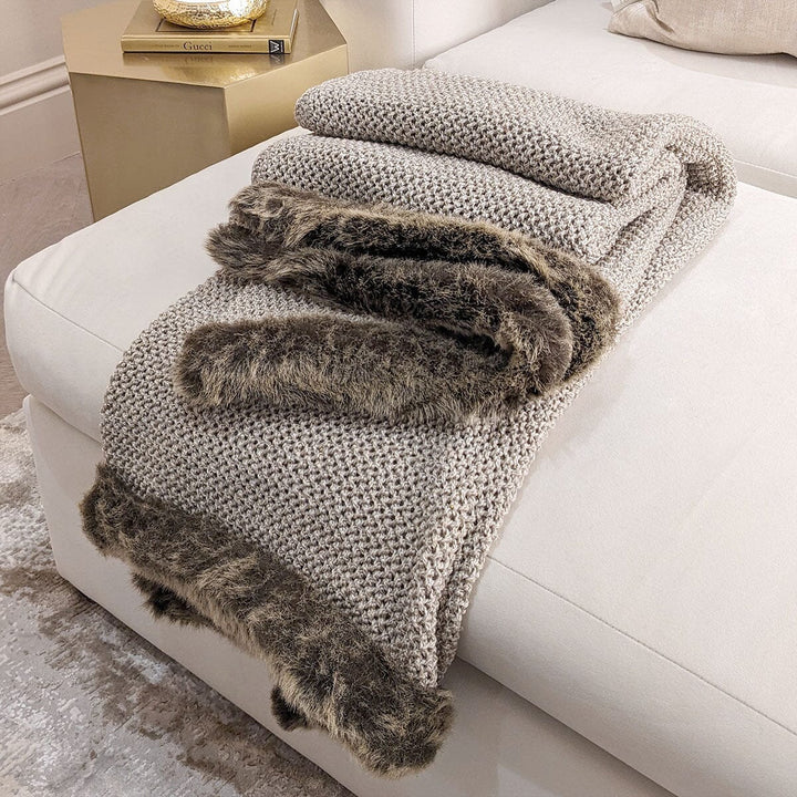 Enaya Taupe Knit Throw with Brown Faux Fur Trim Textiles 