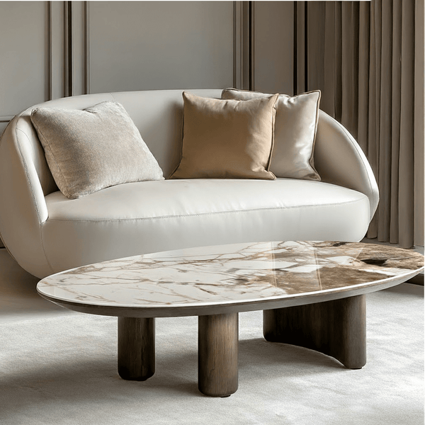 Estrille Brown Oak Veneer Oval Coffee Table with Faux Marble Top Furniture 