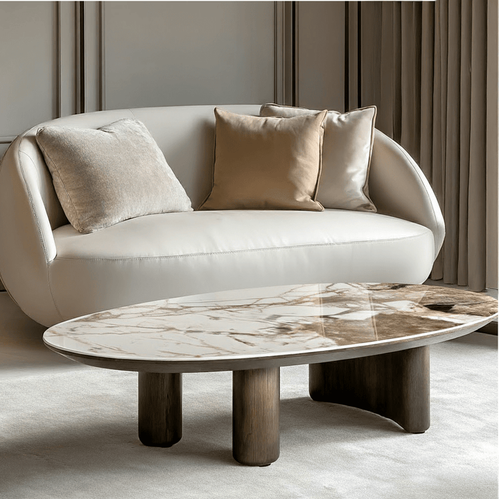 Estrille Brown Oak Veneer Oval Coffee Table with Faux Marble Top Furniture 