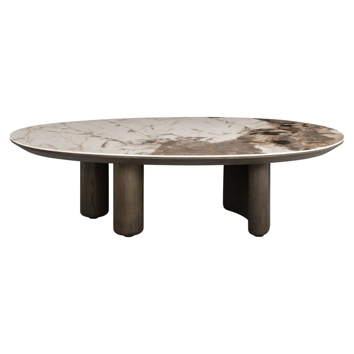Estrille Brown Oak Veneer Oval Coffee Table with Faux Marble Top Furniture 