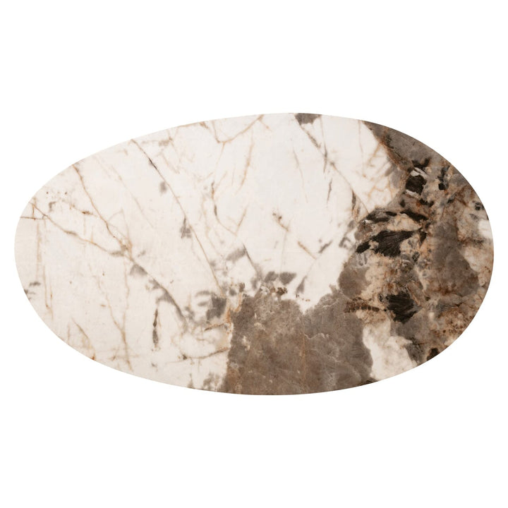 Estrille Brown Oak Veneer Oval Coffee Table with Faux Marble Top Furniture 