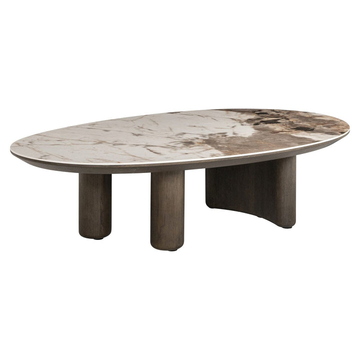 Estrille Brown Oak Veneer Oval Coffee Table with Faux Marble Top Furniture 