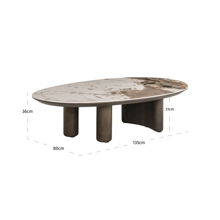 Estrille Brown Oak Veneer Oval Coffee Table with Faux Marble Top Furniture 