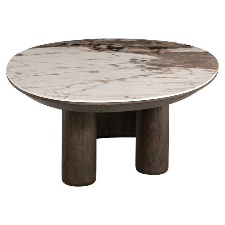 Estrille Brown Oak Veneer Oval Coffee Table with Faux Marble Top Furniture 