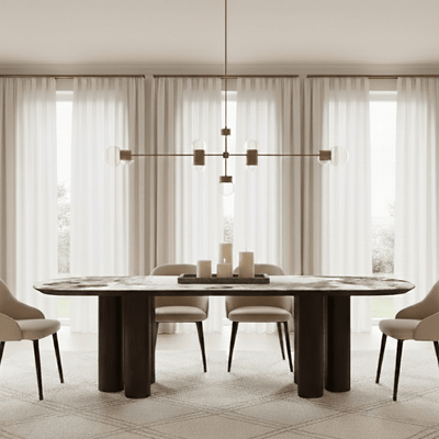 Estrille Brown Oak Veneer Oval Dining Table with Faux Marble Top Furniture 