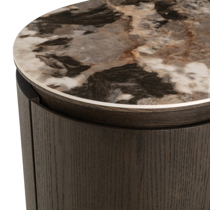 Estrille Brown Oak Veneer Oval Sideboard with Faux Marble Top Furniture 