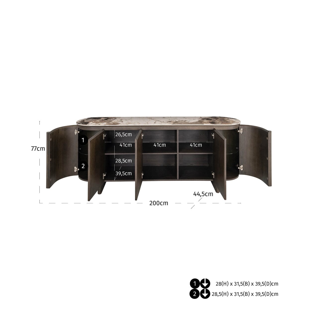 Estrille Brown Oak Veneer Oval Sideboard with Faux Marble Top Furniture 