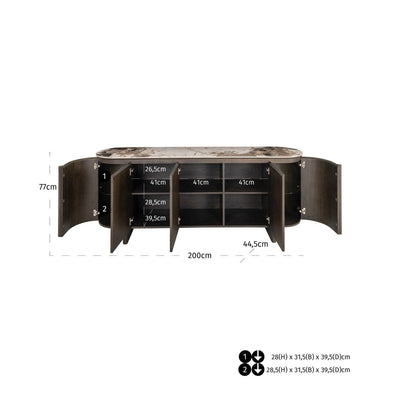 Estrille Brown Oak Veneer Oval Sideboard with Faux Marble Top Furniture 