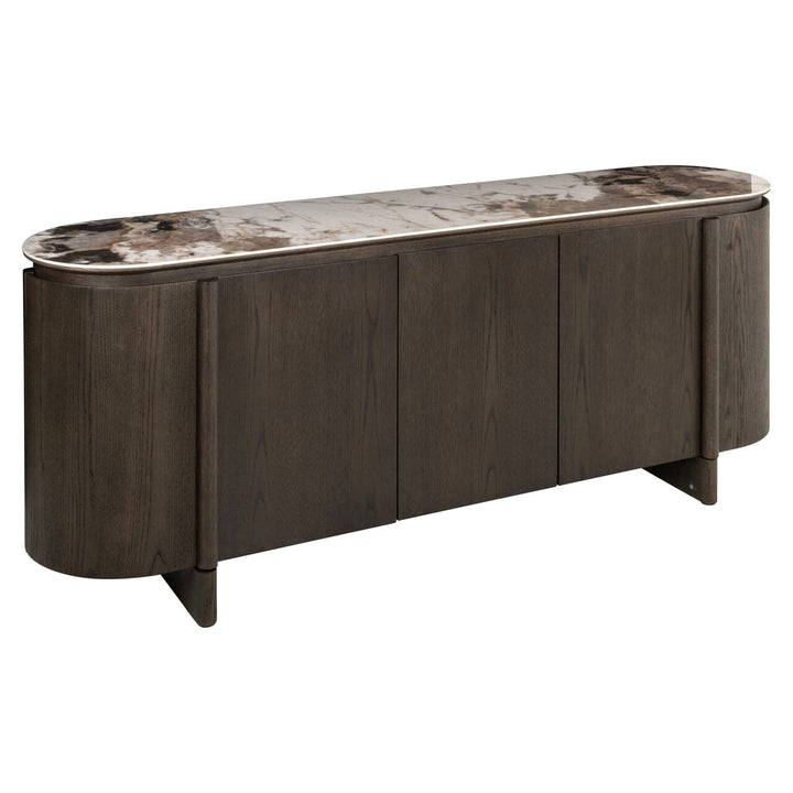 Estrille Brown Oak Veneer Oval Sideboard with Faux Marble Top Furniture 