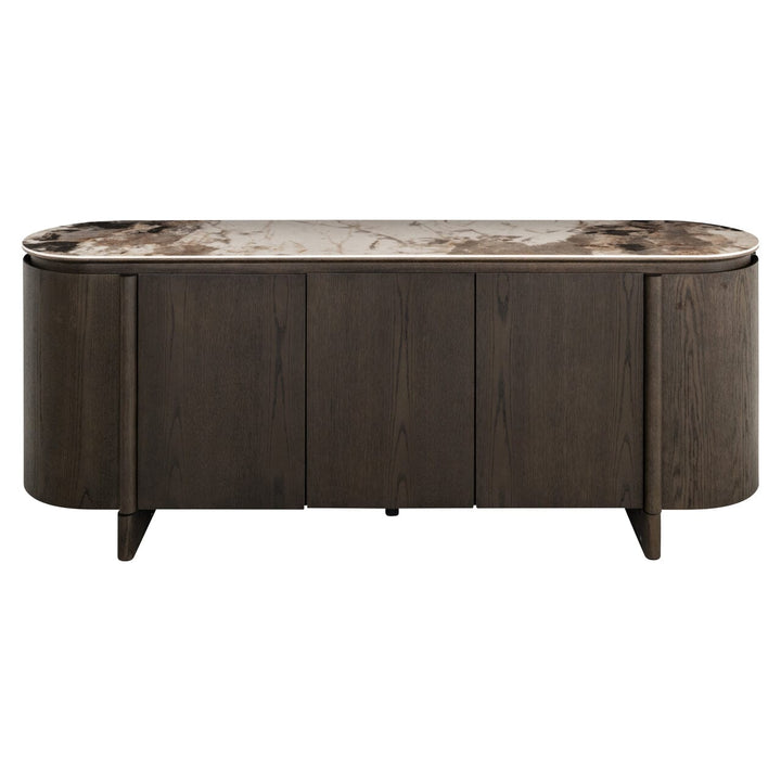 Estrille Brown Oak Veneer Oval Sideboard with Faux Marble Top Furniture 