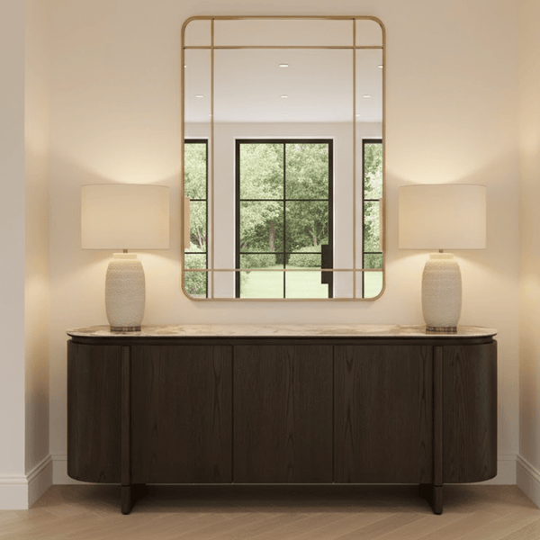 Estrille Brown Oak Veneer Oval Sideboard with Faux Marble Top Furniture 