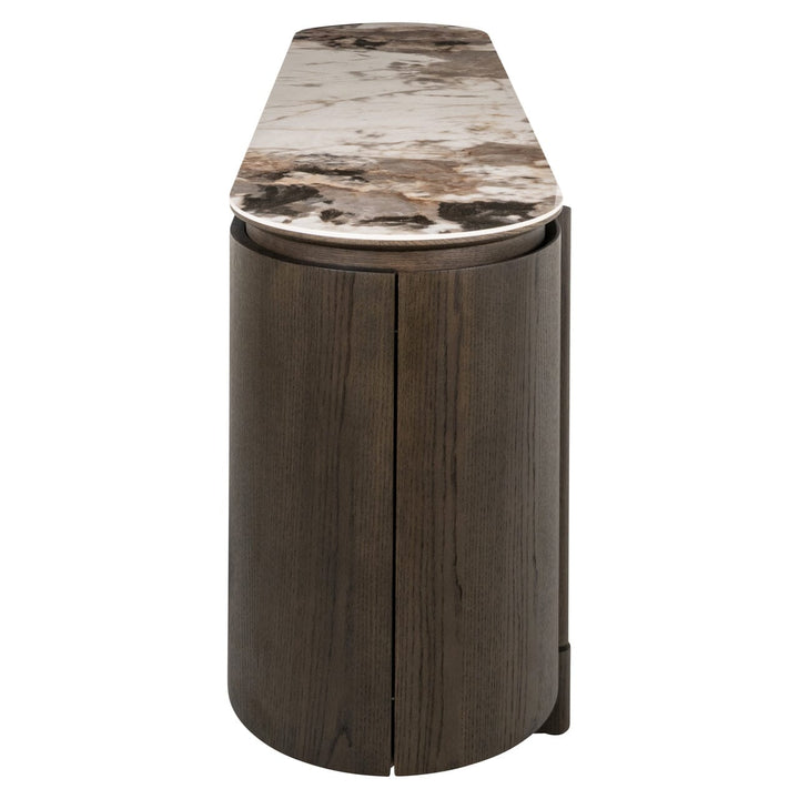 Estrille Brown Oak Veneer Oval Sideboard with Faux Marble Top Furniture 