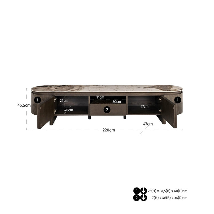Estrille Brown Oak Veneer Oval TV Unit with Faux Marble Top Furniture 