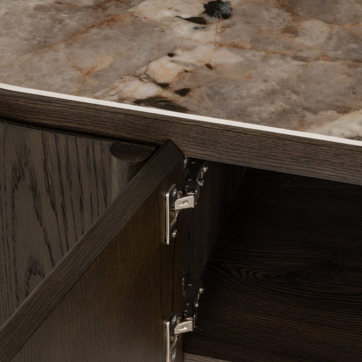 Estrille Brown Oak Veneer Oval TV Unit with Faux Marble Top Furniture 