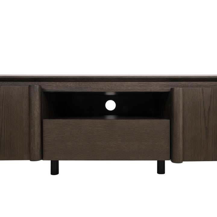 Estrille Brown Oak Veneer Oval TV Unit with Faux Marble Top Furniture 