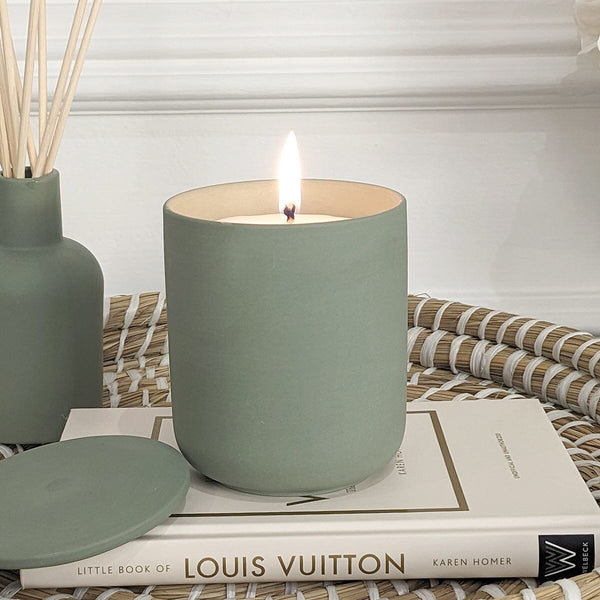 Evergreen Luxury Sage Green Lidded Scented Candle - Apple, Pine, Patchouli & Lavender Fragrance 