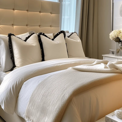 Melina Cream Velvet Cushion Cover with Black Fringe Detailing - 50x50cm