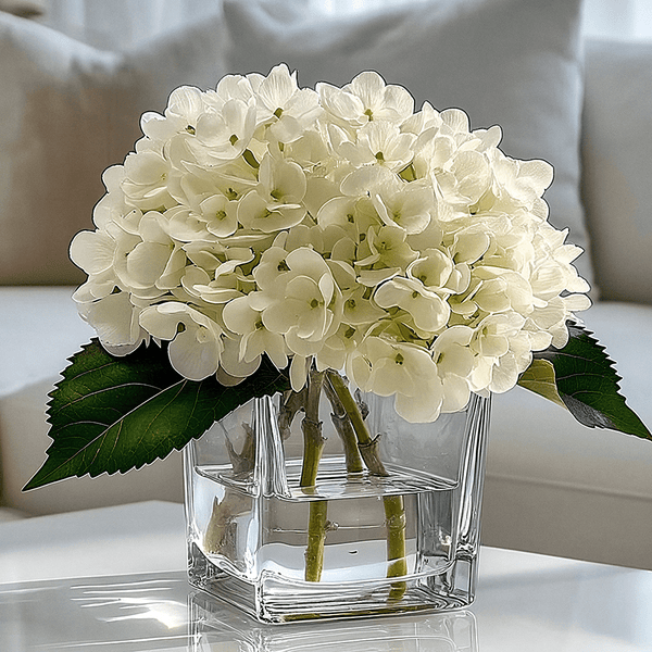 Faux Cream Hydrangeas Floral Arrangement in Square Glass Vase Accessories 