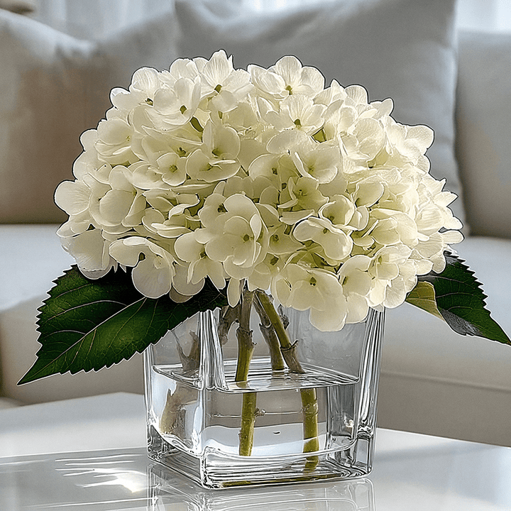 Faux Cream Hydrangeas Floral Arrangement in Square Glass Vase Accessories 