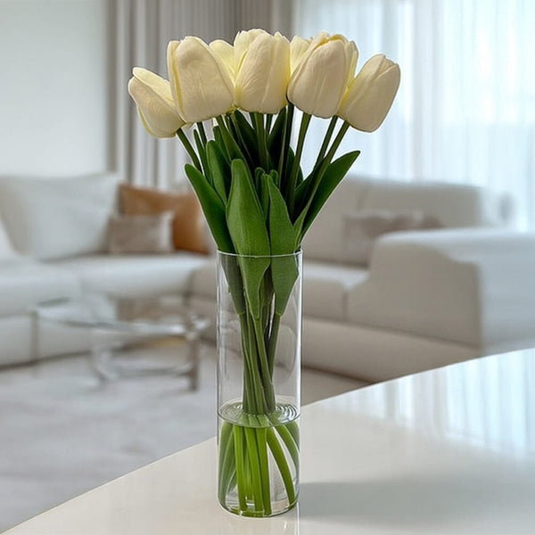 Faux Cream Tulip Floral Arrangement in Tall Glass Vase Accessories 