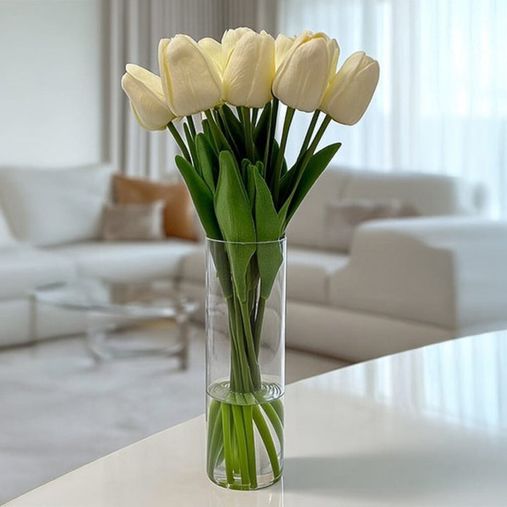 Faux Cream Tulip Floral Arrangement in Tall Glass Vase Accessories 